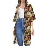 Koi Carp And Lotus Pattern Print Open Front Beach Cover Up