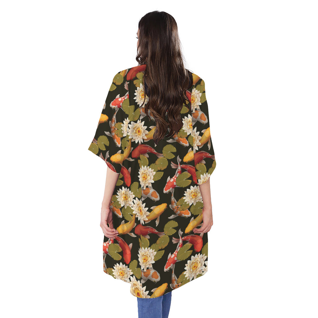 Koi Carp And Lotus Pattern Print Open Front Beach Cover Up