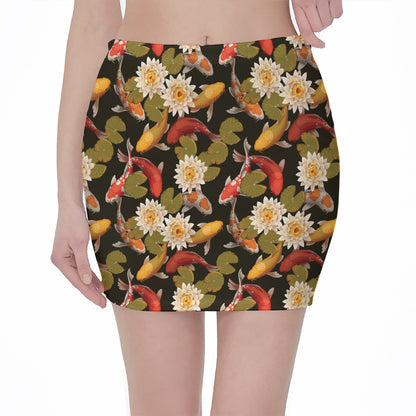 Koi Carp And Lotus Pattern Print Pencil Mini Skirt
