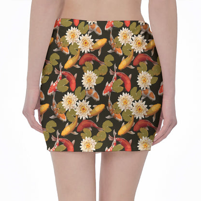 Koi Carp And Lotus Pattern Print Pencil Mini Skirt