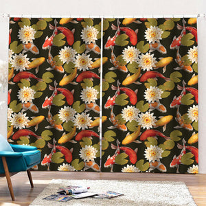 Koi Carp And Lotus Pattern Print Pencil Pleat Curtains