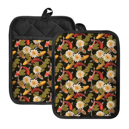 Koi Carp And Lotus Pattern Print Pot Holders With Pocket