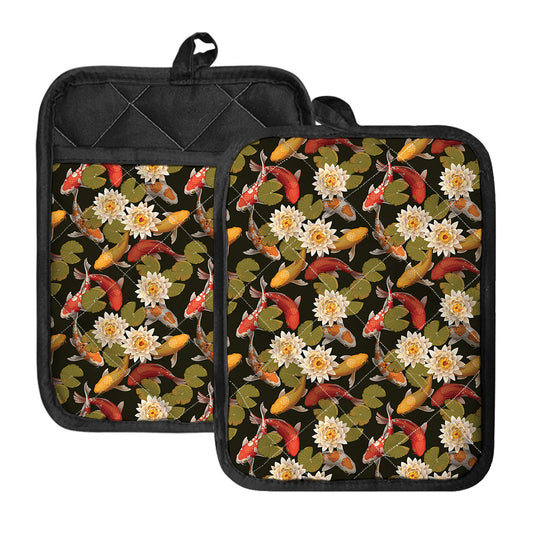 Koi Carp And Lotus Pattern Print Pot Holders With Pocket