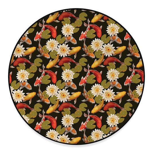 Koi Carp And Lotus Pattern Print Round Floor Mat
