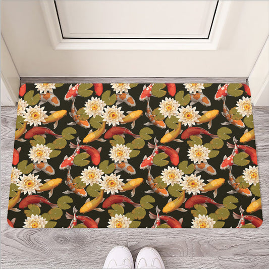 Koi Carp And Lotus Pattern Print Rubber Doormat