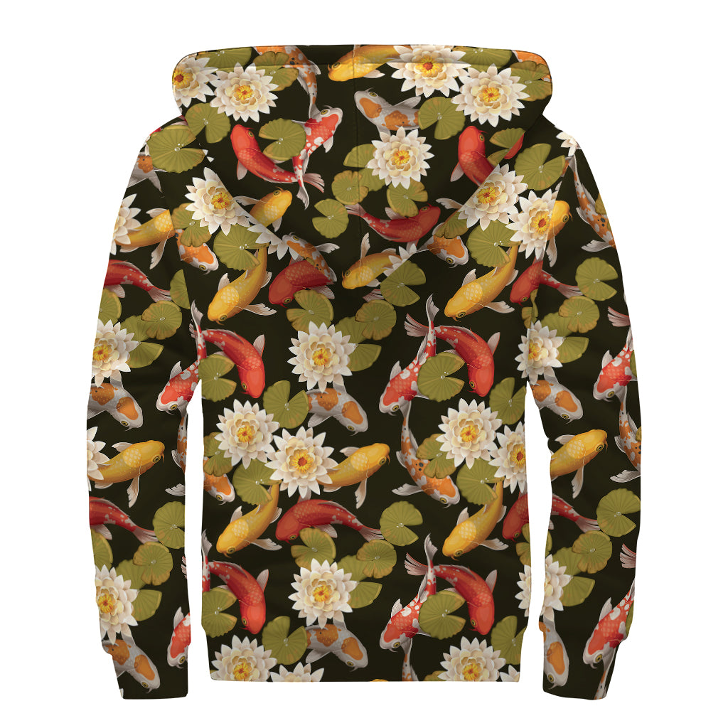 Koi Carp And Lotus Pattern Print Sherpa Lined Zip Up Hoodie