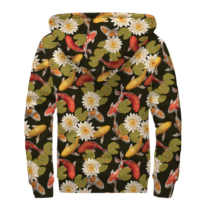 Koi Carp And Lotus Pattern Print Sherpa Lined Zip Up Hoodie