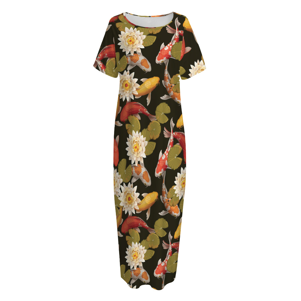 Koi Carp And Lotus Pattern Print Short Sleeve Long Nightdress