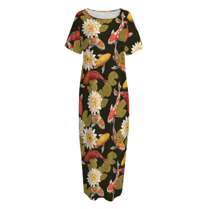 Koi Carp And Lotus Pattern Print Short Sleeve Long Nightdress
