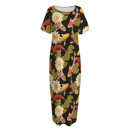 Koi Carp And Lotus Pattern Print Short Sleeve Long Nightdress