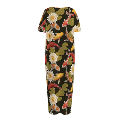 Koi Carp And Lotus Pattern Print Short Sleeve Long Nightdress