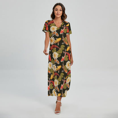 Koi Carp And Lotus Pattern Print Short Sleeve Maxi Dress