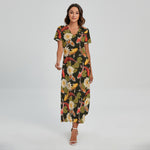Koi Carp And Lotus Pattern Print Short Sleeve Maxi Dress