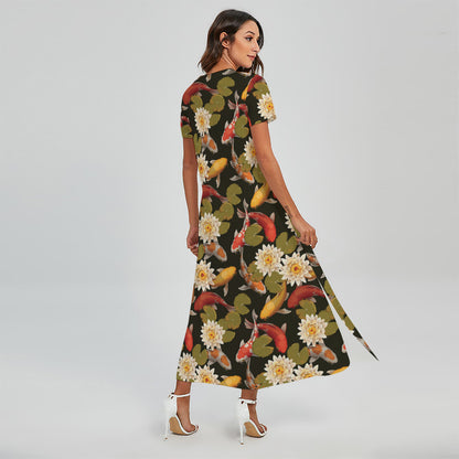 Koi Carp And Lotus Pattern Print Short Sleeve Maxi Dress