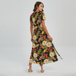 Koi Carp And Lotus Pattern Print Short Sleeve Maxi Dress