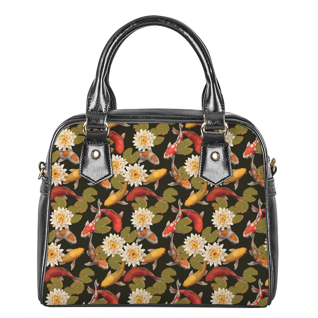 Koi Carp And Lotus Pattern Print Shoulder Handbag