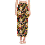 Koi Carp And Lotus Pattern Print Side Slit Maxi Skirt