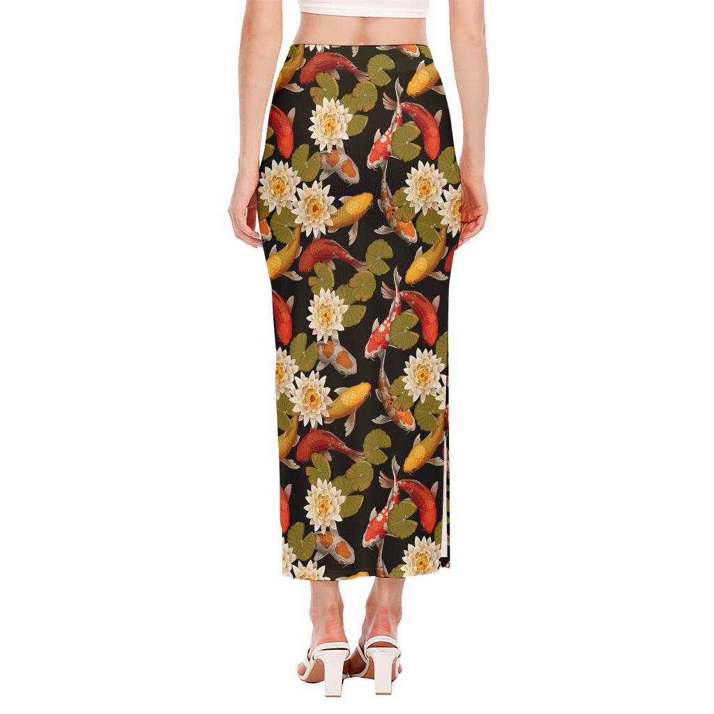 Koi Carp And Lotus Pattern Print Side Slit Maxi Skirt