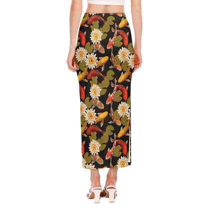 Koi Carp And Lotus Pattern Print Side Slit Maxi Skirt