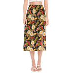 Koi Carp And Lotus Pattern Print Side Slit Midi Skirt