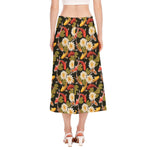 Koi Carp And Lotus Pattern Print Side Slit Midi Skirt