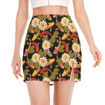 Koi Carp And Lotus Pattern Print Side Slit Mini Skirt