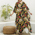 Koi Carp And Lotus Pattern Print Silk V-Neck Kaftan Dress