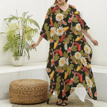 Koi Carp And Lotus Pattern Print Silk V-Neck Kaftan Dress
