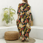 Koi Carp And Lotus Pattern Print Silk V-Neck Kaftan Dress
