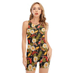 Koi Carp And Lotus Pattern Print Sleeveless One Piece Swimsuit
