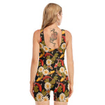 Koi Carp And Lotus Pattern Print Sleeveless One Piece Swimsuit