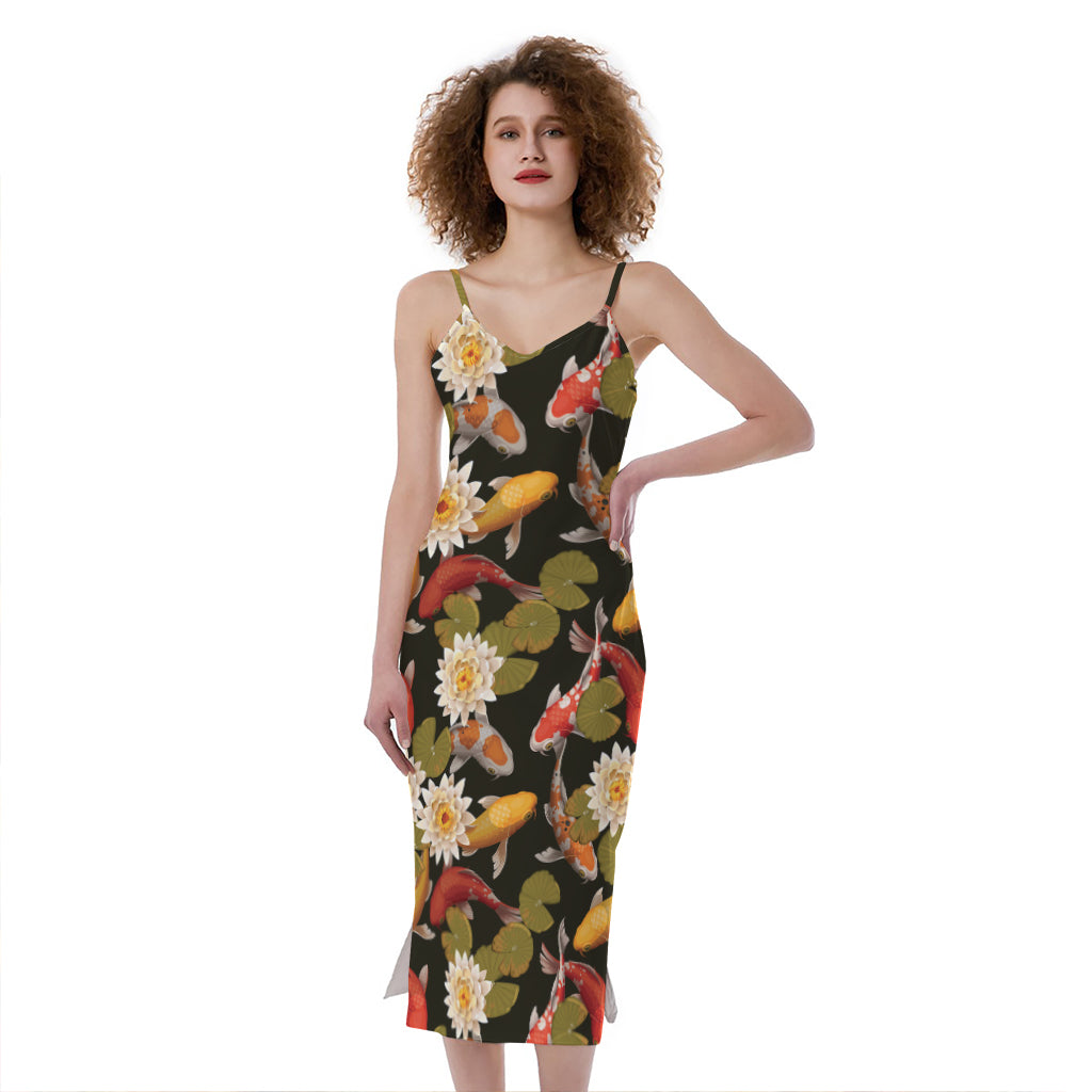 Koi Carp And Lotus Pattern Print Slim Fit Midi Cami Dress