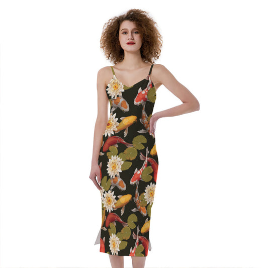 Koi Carp And Lotus Pattern Print Slim Fit Midi Cami Dress