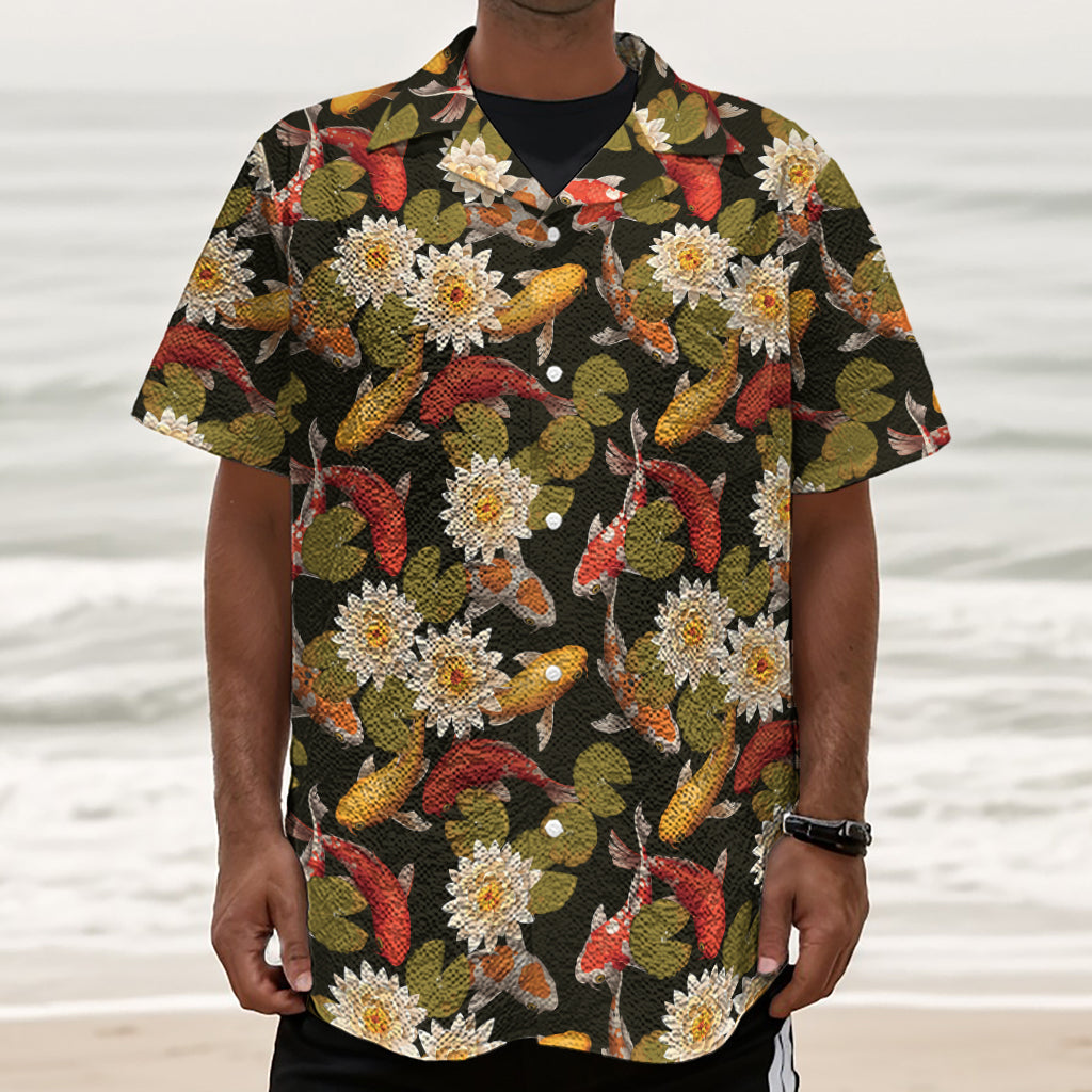 Koi Carp And Lotus Pattern Print Textured Short Sleeve Shirt