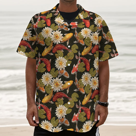 Koi Carp And Lotus Pattern Print Textured Short Sleeve Shirt