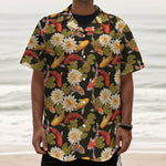 Koi Carp And Lotus Pattern Print Textured Short Sleeve Shirt