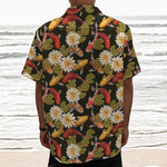 Koi Carp And Lotus Pattern Print Textured Short Sleeve Shirt