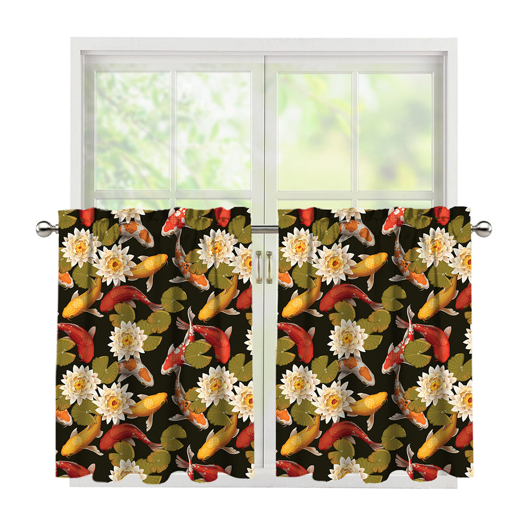 Koi Carp And Lotus Pattern Print Tier Curtains
