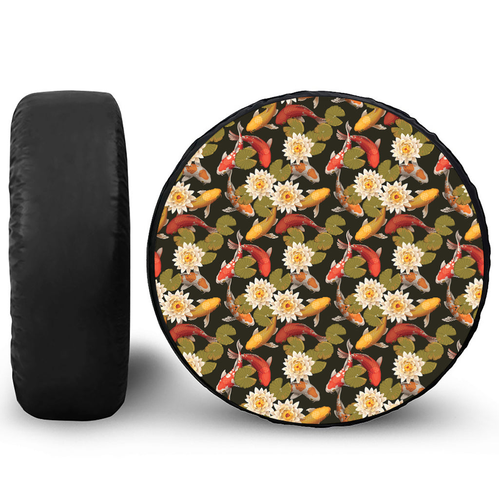 Koi Carp And Lotus Pattern Print Tire Cover