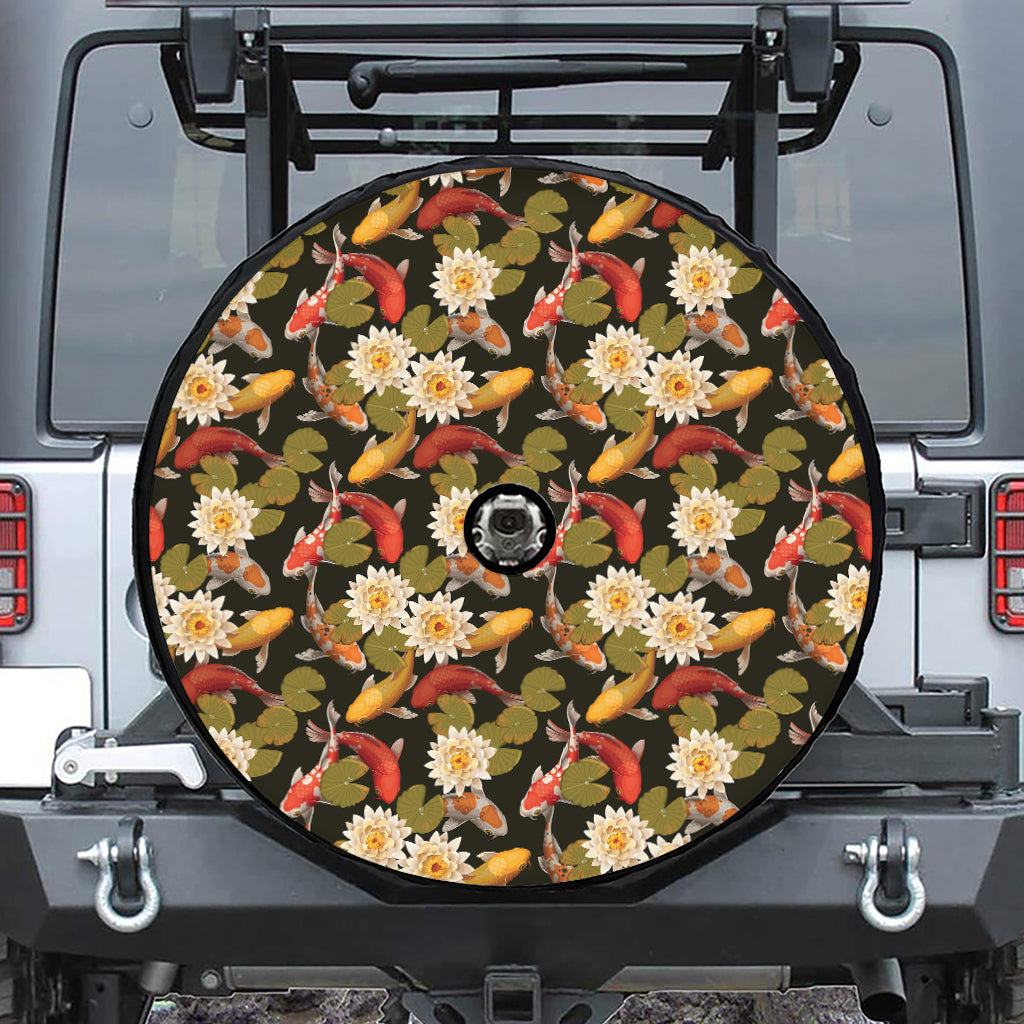 Koi Carp And Lotus Pattern Print Tire Cover With Camera Hole