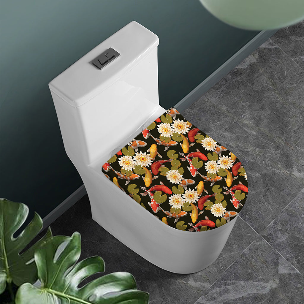 Koi Carp And Lotus Pattern Print Toilet Lid Cover