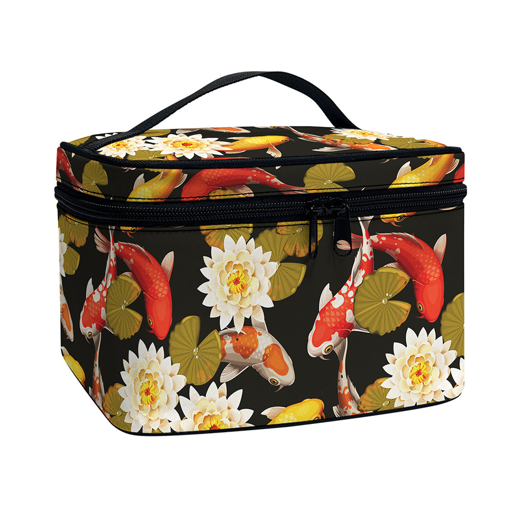 Koi Carp And Lotus Pattern Print Travel Makeup Bag