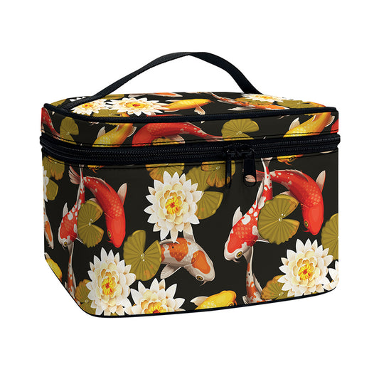 Koi Carp And Lotus Pattern Print Travel Makeup Bag