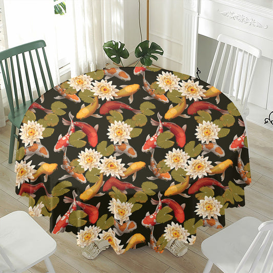 Koi Carp And Lotus Pattern Print Waterproof Round Tablecloth