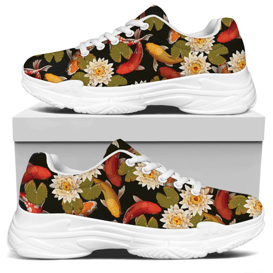 Koi Carp And Lotus Pattern Print White Chunky Shoes
