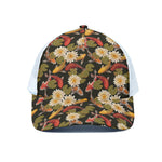 Koi Carp And Lotus Pattern Print White Mesh Trucker Cap