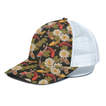Koi Carp And Lotus Pattern Print White Mesh Trucker Cap