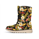 Koi Carp And Lotus Pattern Print Winter Boots