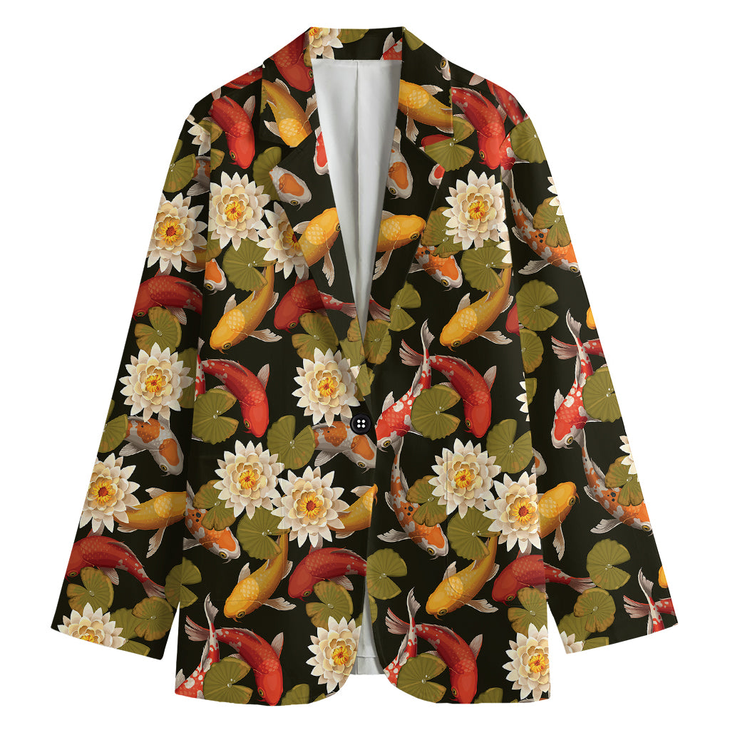 Koi Carp And Lotus Pattern Print Women's Cotton Blazer