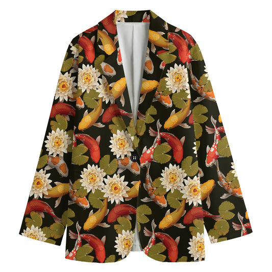 Koi Carp And Lotus Pattern Print Women's Cotton Blazer